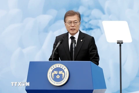 Tổng thống Hàn Quốc Moon Jae-in phát biểu trong một sự kiện ở Seoul ngày 6/6. (Nguồn: EPA/TTXVN)