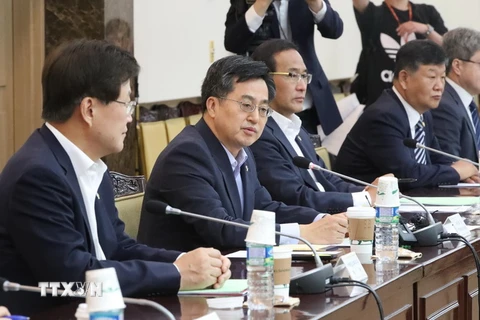 Bộ trưởng Tài chính Hàn Quốc Kim Dong-yeon (thứ 2, trái) trong một cuộc họp ở thủ đô Seoul ngày 13/6. (Nguồn: Yonhap/TTXVN)