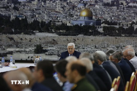 Tổng thống Palestine Mahmoud Abbas trong một cuộc họp ở thành phố Ramallah, Bờ Tây ngày 25/7. (Nguồn: THX/TTXVN)