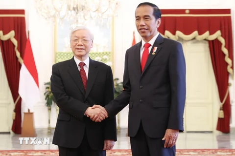 Tổng thống Indonesia Joko Widodo đón Tổng Bí thư Nguyễn Phú Trọng. (Ảnh: Trí Dũng/TTXVN)