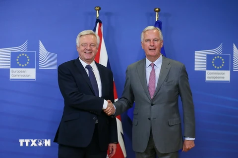 Bộ trưởng phụ trách Brexit của Anh David Davis (trái) và Trưởng đoàn đàm phán Brexit của EU Michel Barnier tại vòng đàm phán ở Brussels, Bỉ ngày 17/7. (Nguồn: EPA/TTXVN)