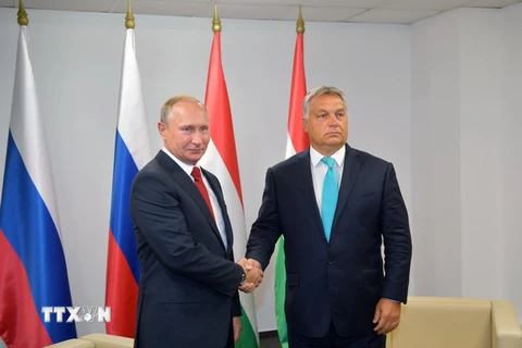 Tổng thống Nga Vladimir Putin (trái) và Thủ tướng Hungary Viktor Orban (phải) trong cuộc gặp ở Budapest ngày 28/8. (Nguồn: EPA/TTXVN)