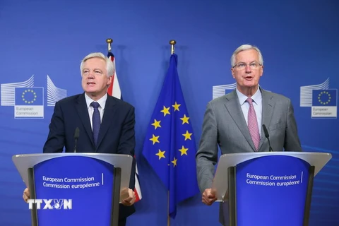 Trưởng đoàn đàm phán Brexit của EU Michel Barnier (phải) và Trưởng đoàn đàm phán Brexit của Anh Anh David Davis (trái) trong cuộc họp báo ở Brussels (Bỉ) ngày 17/7. (Nguồn: EPA/TTXVN)