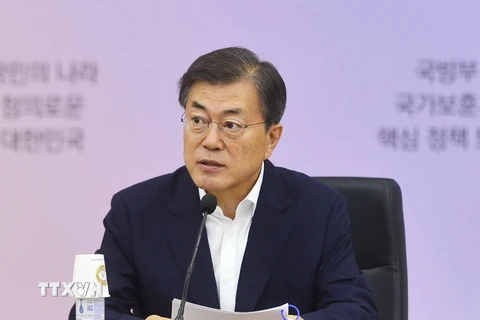 Tổng thống Hàn Quốc Moon Jae-in trong cuộc họp tại Seoul, Hàn Quốc ngày 28/8. (Nguồn: EPA/TTXVN)