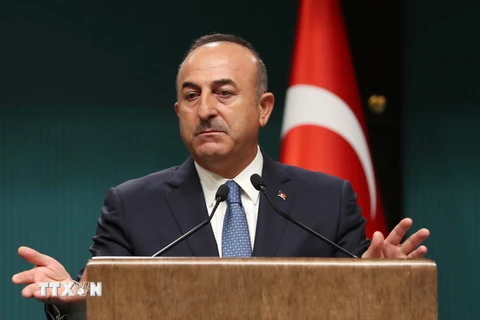 Ngoại trưởng Thổ Nhĩ Kỳ Mevlut Cavusoglu phát biểu trong cuộc họp báo tại Ankara ngày 14/9. (Nguồn: AFP/TTXVN)