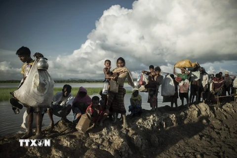 Người tị nạn Rohingya từ Myanmar chạy nạn sang Whaikhyang, Bangladesh ngày 9/10. (Nguồn: AFP/TTXVN)