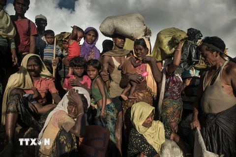 Người tị nạn Rohingya từ Myanmar chạy nạn sang Whaikhyang, Bangladesh ngày 9/10. (Nguồn: AFP/TTXVN)