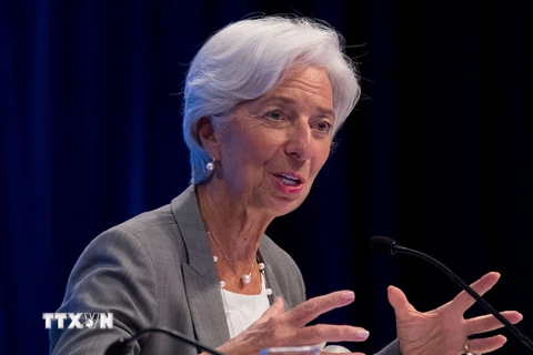 Giám đốc điều hành IMF Christine Lagarde trong cuộc họp báo sau Hội nghị thường niên IMF và WB tại Washington, Mỹ ngày 12/10. (Nguồn: THX/TTXVN)