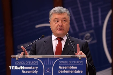 Tổng thống Ukraine Petro Poroshenko phát biểu tại Strasbourg nhân chuyến thăm Pháp ngày 11/10. (Nguồn: AFP/TTXVN)