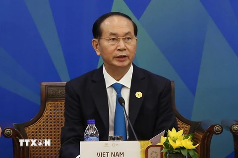 Chủ tịch nước Trần Đại Quang thay mặt các nhà Lãnh đạo kinh tế APEC phát biểu. (Nguồn: TTXVN)