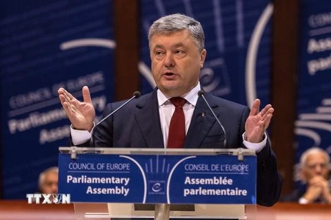 Tổng thống Ukraine Petro Poroshenko phát biểu tại Strasbourg, Pháp ngày 11/10. (Nguồn: AFP/TTXVN)