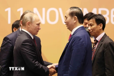 Chủ tịch nước Trần Đại Quang và Tổng thống Nga Vladimir Putin. (Ảnh: TTXVN)