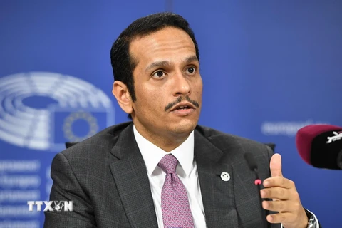 Ngoại trưởng Qatar trong cuộc họp báo ở Brussels, Bỉ ngày 31/8. (Nguồn: AFP/TTXVN)