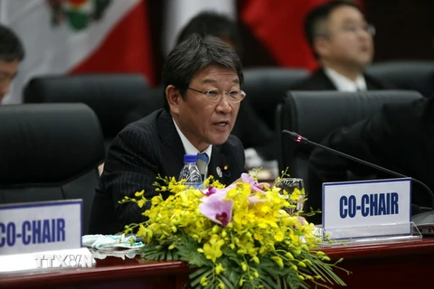 Bộ trưởng phụ trách đàm phán của Nhật Bản Toshimitsu Motegi phát biểu tại Hội nghị Bộ trưởng các nước ký Hiệp định TPP. (Nguồn: AFP/TTXVN)