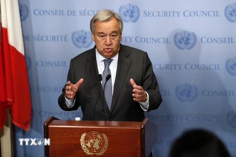 Tổng Thư ký Liên hợp quốc Antonio Guterres phát biểu với báo giới tại New York, Mỹ ngày 18/10. (Nguồn: THX/TTXVN)