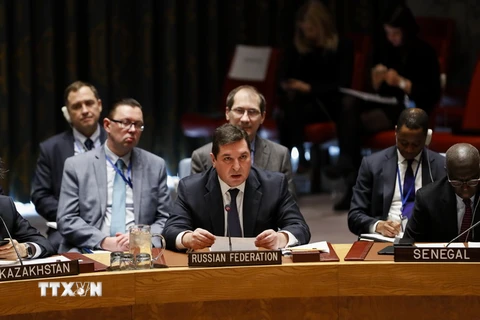 Phó Đại sứ Nga tại Liên hợp quốc Vladimir Safronkov (giữa, phía trước) tại phiên họp của Hội đồng Bảo an Liên hợp quốc về vấn đề viện trợ cho Syria ở New York (Mỹ) ngày 19/12. (Nguồn: THX/TTXVN)