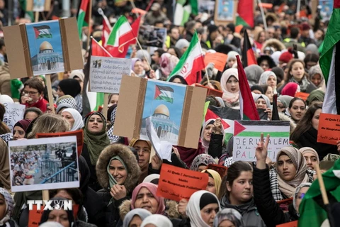 Khoảng 1.000 người đã tham gia cuộc tuần hành tại thành phố Frankfurt của Đức ngày 16/12 để phản đối quyết định của Tổng thống Mỹ Donald Trump công nhận Jerusalem là thủ đô của Israel. (Nguồn: AFP/TTXVN)