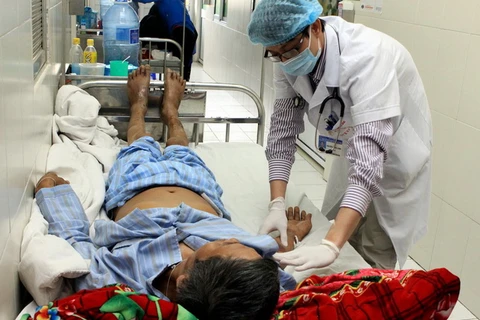 Bệnh nhân bị nhiễm khuẩn LCL đang được điều trị tại Bệnh viện bệnh Nhiệt đới Trung ương do ăn lòng lợn tiết canh, bị di chứng hoại tử tay chân, giảm trí nhớ và thính lực. (Ảnh: Dương Ngọc/TTXVN)