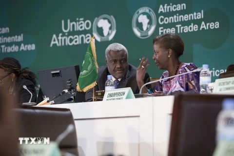 Chủ tịch Ủy ban Liên minh châu Phi (AU) Moussa Faki Mahamat (trái) và Chủ tịch hội đồng điều hành AU Louise Mushikiwabo tại phiên họp lần thứ 18 của Hội đồng điều hành AU tại thủ đô Kigali của Rwanda. (Nguồn: THX/TTXVN)