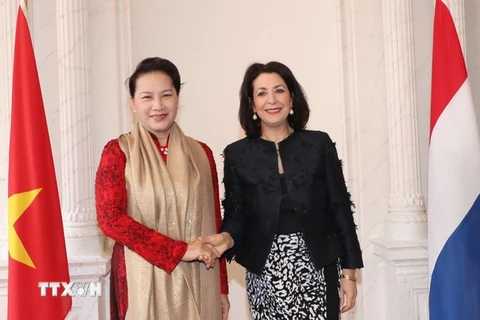 Chủ tịch Hạ viện Hà Lan Khadija Arib đón Chủ tịch Quốc hội Nguyễn Thị Kim Ngân. (Ảnh: Trọng Đức/TTXVN) 