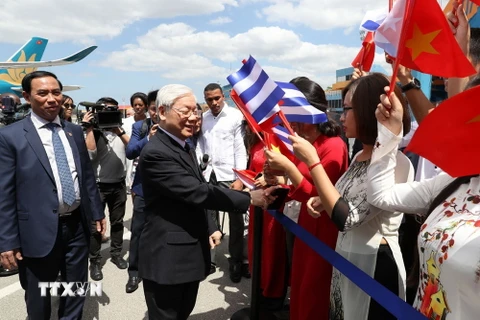 Cán bộ, nhân viên Đại sứ quán, đại diện cộng đồng và sinh viên Việt Nam đón Tổng Bí thư Nguyễn Phú Trọng tại sân bay Quốc tế José Martí. (Ảnh: Trí Dũng/TTXVN)