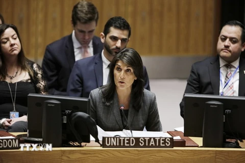 Đại sứ Mỹ tại Liên hợp quốc Nikki Haley tại một phiên họp của Hội đồng Bảo an Liên hợp quốc về Syria, tại New York (Mỹ) ngày 4/4. (Nguồn: THX/TTXVN)