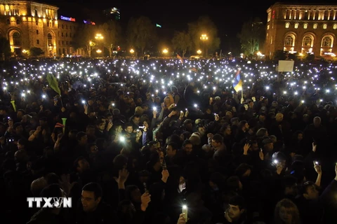 Quang cảnh cuộc biểu tình tại Yerevan, Armenia ngày 22/4. (Nguồn: THX/TTXVN) 