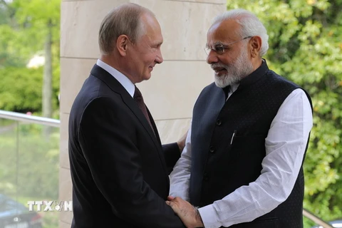 Tổng thống Nga Vladimir Putin (trái) trong cuộc gặp Thủ tướng Ấn Độ Narendra Modi tại Sochi ngày 21/5. (Nguồn: AFP/TTXVN)