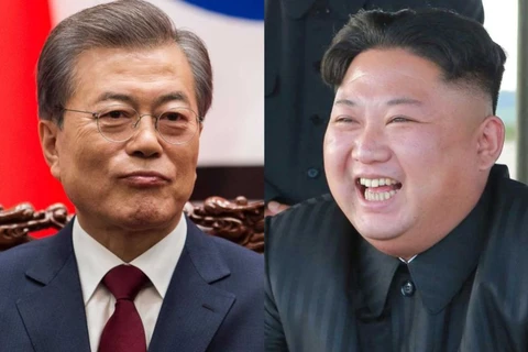 Nhà lãnh đạo Triều Tiên Kim Jong-un (phải) và Tổng thống Hàn Quốc Moon Jae-in. (Nguồn: abc.net.au)
