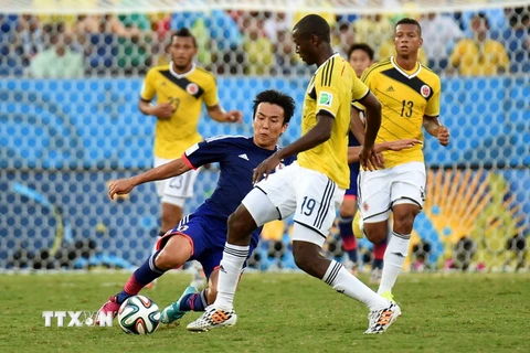 Pha tranh bóng giữa cầu thủ Nhật Bản Makoto Hasebe (trái, trước) và cầu thủ Colombia Adrian Ramos (phải, trước) trong trận đấu bảng C Vòng chung kết World Cup 2014. (Nguồn: THX/TTXVN)