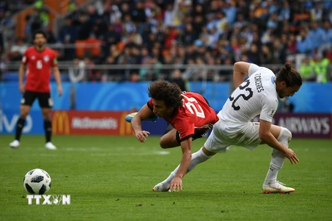 Pha tranh bóng quyết liệt giữa cầu thủ Amr Warda (trái) của Ai Cập và Martin Caceres của Uruguay trong trận đấu. (Nguồn: THX/TTXVN)