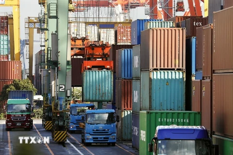 Hàng hóa được xếp dỡ tại cảng hàng hóa quốc tế Aomi, thủ đô Tokyo, Nhật Bản ngày 18/4. (Nguồn: EPA-EFE/TTXVN)