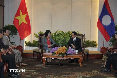 Phó Chủ tịch nước Đặng Thị Ngọc Thịnh hội đàm với Phó Chủ tịch nước Lào Phankham Viphavanh. (Ảnh: Phạm Kiên/TTXVN)