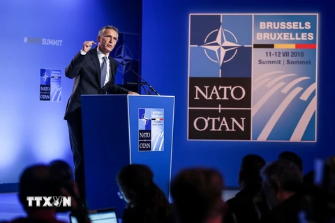 Tổng Thư ký NATO Jens Stoltenberg phát biểu tại cuộc họp báo ở Brussels, Bỉ ngày 10/7. (Nguồn: EPA-EFE/TTXVN)