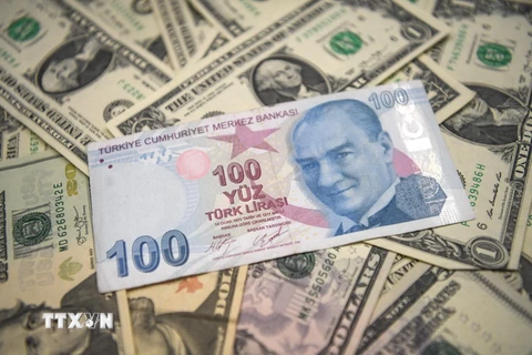 Đồng lira của Thổ Nhĩ Kỳ (giữa) và đồng USD tại Istanbul ngày 23/5. (Nguồn: AFP/TTXVN)