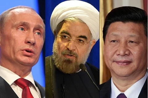 Tổng thống Nga Putin (trái), Tổng thống Iran Hassan Rouhani (giữa) và Chủ tịch Trung Quốc Tập Cận Bình. (Nguồn: realiran.org)