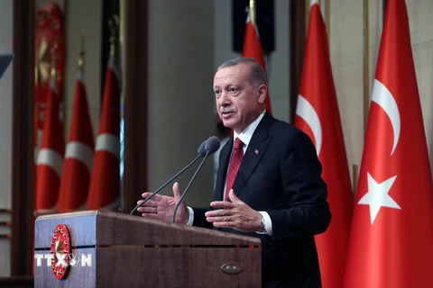 Tổng thống Thổ Nhĩ Kỳ Tayyip Erdogan phát biểu tại Ankara ngày 15/7. (Nguồn: THX/TTXVN)