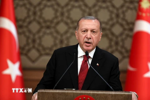 Tổng thống Thổ Nhĩ Kỳ Recep Tayyip Erdogan phát biểu tại Ankara ngày 9/7. (Nguồn: AFP/TTXVN) 