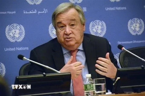 Tổng Thư ký Liên hợp quốc Antonio Guterres phát biểu tại một cuộc họp báo ở New York, Mỹ. (Nguồn: Kyodo/TTXVN) 