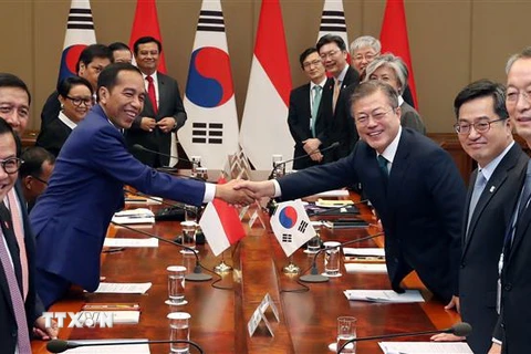 Tổng thống Hàn Quốc Moon Jae-in (thứ 3, phải) và Tổng thống Indonesia Joko Widodo (thứ 3, trái) tại cuộc hội đàm ở Seoul. (Nguồn: YONHAP/TTXVN)