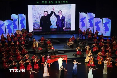 Chương trình biểu diễn của dàn nhạc nổi tiếng Triều Tiên Samjiyon ở Nhà hát lớn Bình Nhưỡng nhân chuyến thăm của Tổng thống Hàn Quốc Moon Jae-in, ngày 18/9. (Nguồn: AFP/TTXVN)