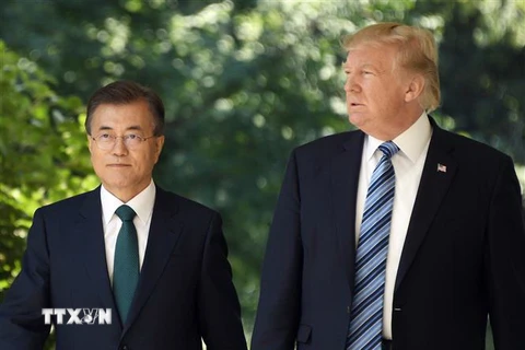Tổng thống Mỹ Donald Trump (phải) và Tổng thống Hàn Quốc Moon Jae-in trong cuộc gặp tại Washington DC., Mỹ ngày 30/6/2017. (Nguồn: AFP/TTXVN)