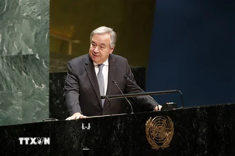 Tổng Thư ký Liên hợp quốc Antonio Guterres phát biểu tại trụ sở Liên hợp quốc ở New York, Mỹ ngày 21/9. (Nguồn: THX/TTXVN)