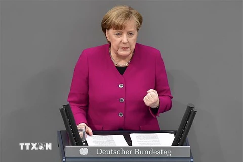 Thủ tướng Đức Angela Merkel phát biểu tại phiên họp Quốc hội ở Berlin ngày 21/3. (Nguồn: AFP/TTXVN)