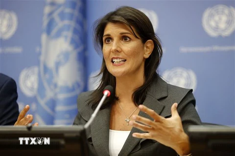 Đại sứ Mỹ tại Liên hợp quốc Nikki Haley phát biểu tại phiên họp của Hội đồng Bảo an Liên hợp quốc ở New York, Mỹ ngày 4/9. (Nguồn: THX/TTXVN)