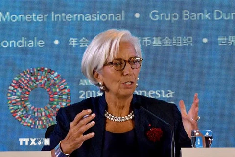 Tổng Giám đốc IMF Christine Lagarde phát biểu tại cuộc họp ở Bali ngày 11/10. (Nguồn: AFP/TTXVN)
