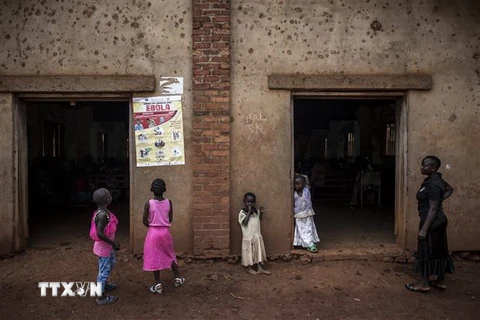 Trẻ em Congo chăm chú đọc tờ ápphích giải thích các triệu chứng của bệnh Ebola tại Mangina, tỉnh Bắc Kivu ngày 19/8. (Nguồn: AFP/TTXVN)