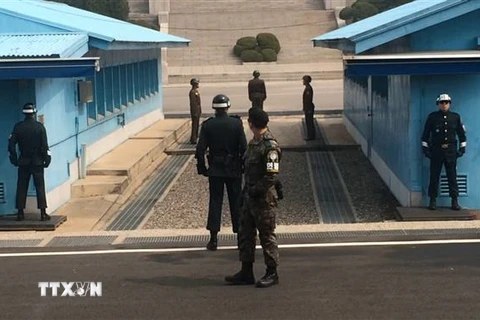 Binh sỹ Hàn Quốc (phía trước) và binh sỹ Triều Tiên (phía xa) gác tại Khu phi quân sự chung (JSA) ở Panmunjom ngày 27/7/2014. (Nguồn: Yonhap/TTXVN) 