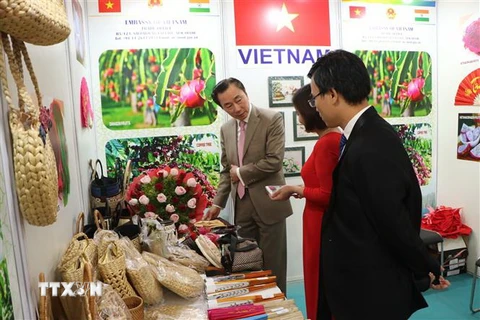 Đại sứ Việt Nam tại Ấn Độ Phạm Sanh Châu tham quan gian hàng của Việt Nam. (Ảnh: Huy Lê/TTXVN) 