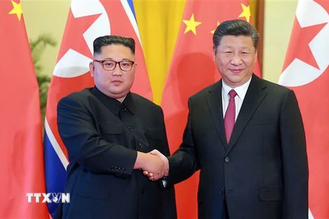 Chủ tịch Trung Quốc Tập Cận Bình hội đàm với Nhà lãnh đạo Triều Tiên Kim Jong-un (trái) trong chuyến thăm Bắc Kinh (Trung Quốc) ngày 19/6. (Nguồn: AFP/TTXVN) 